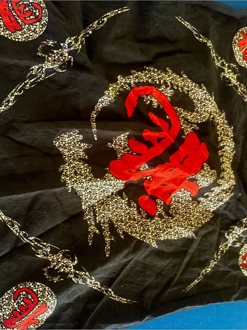 Black Bandana Scarf with Red Chinese Character and Silver Sparkle Design